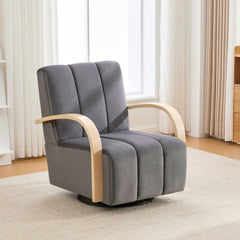 30.7"W Upholstered 360° Swivel Accent Chair with Solid Wood Armrests and Comfy Channel Tufted Lounge Reading Chair, Single Sofa Armchair for Hotel Bedroom Living Room Office and Bedroom. Charcoal
