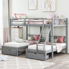 Full Over Twin & Twin Bunk Bed, Wood Triple Bunk Bed with Drawers and Guardrails, Gray
