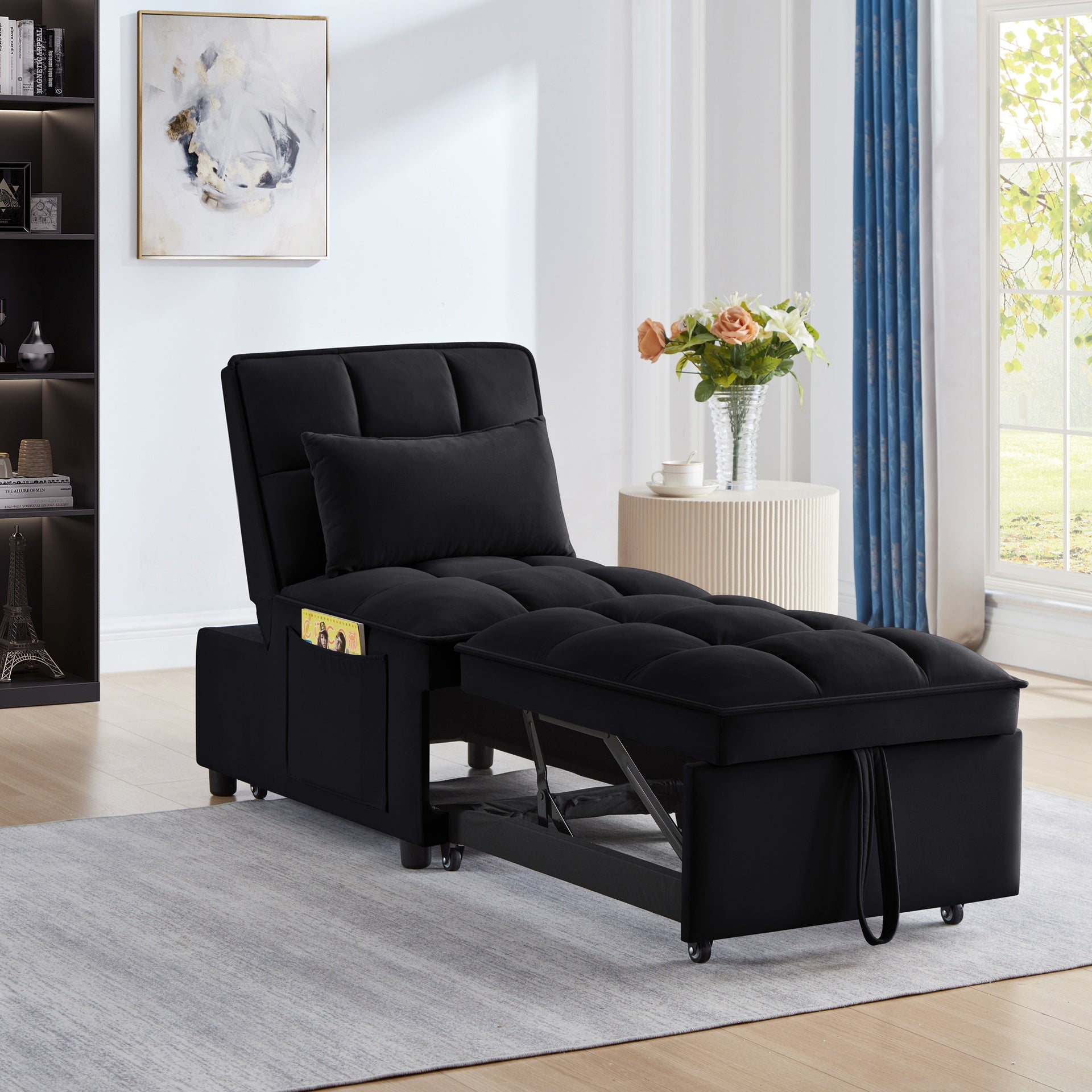 4 in1 Multi-Function Single Sofa Bed with Storage Pockets,Tufted Single Pull-out Sofa Bed with Adjustable Backrest and Pillows ,Convertible  Chaise Lounge,Black