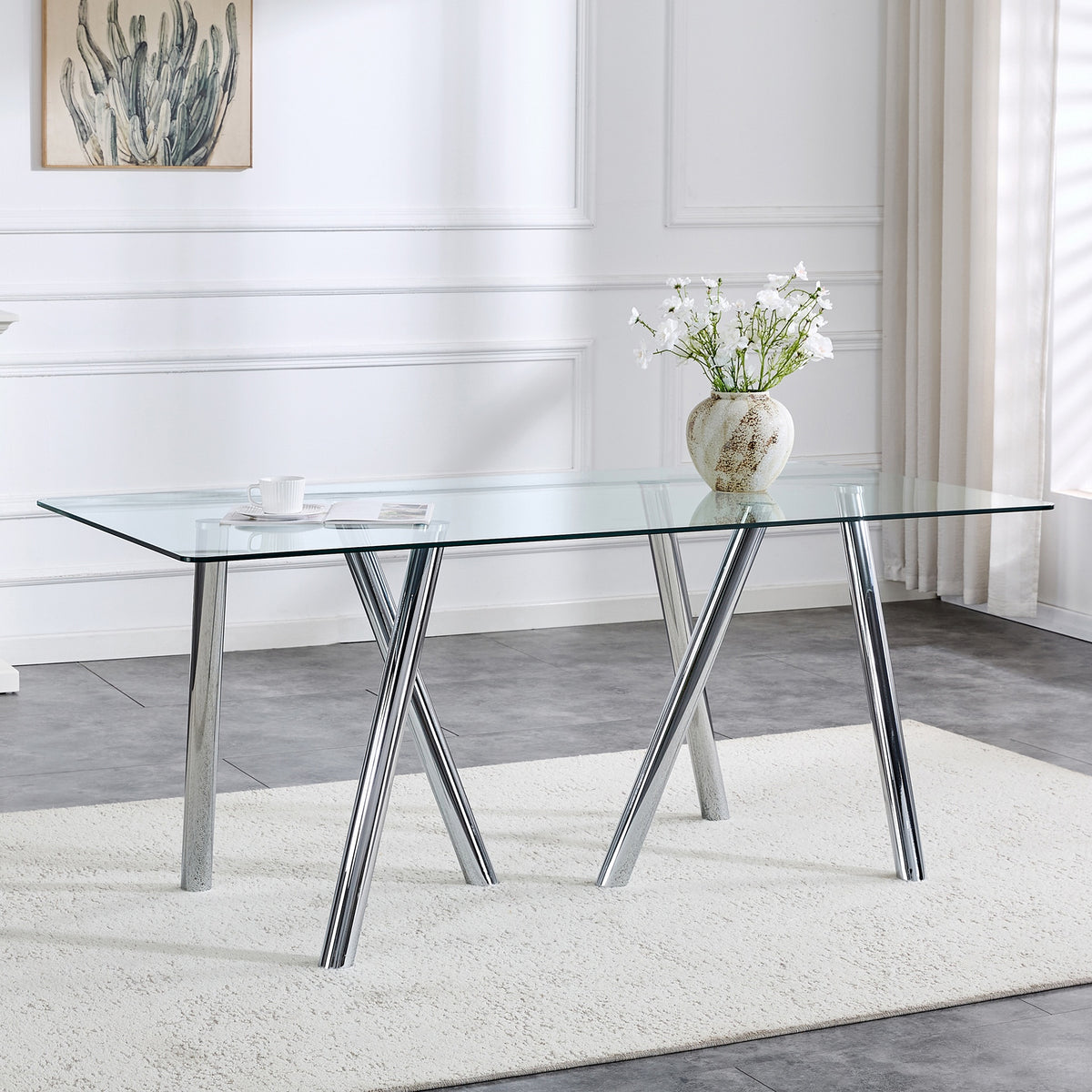 71-Inch Tempered Glass Dining Table with Sturdy Metal Legs