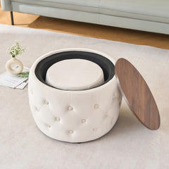 Luxurious Velvet Nesting Ottomans of 2, 4-in-1  Function, Round Storage Foot Stool with Wood Tray, No Assembly Needed, Beige (22.75"x22.75"x15"H)