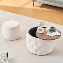 Luxurious Velvet Nesting Ottomans of 2, 4-in-1  Function, Round Storage Foot Stool with Wood Tray, No Assembly Needed, Beige (22.75"x22.75"x15"H)