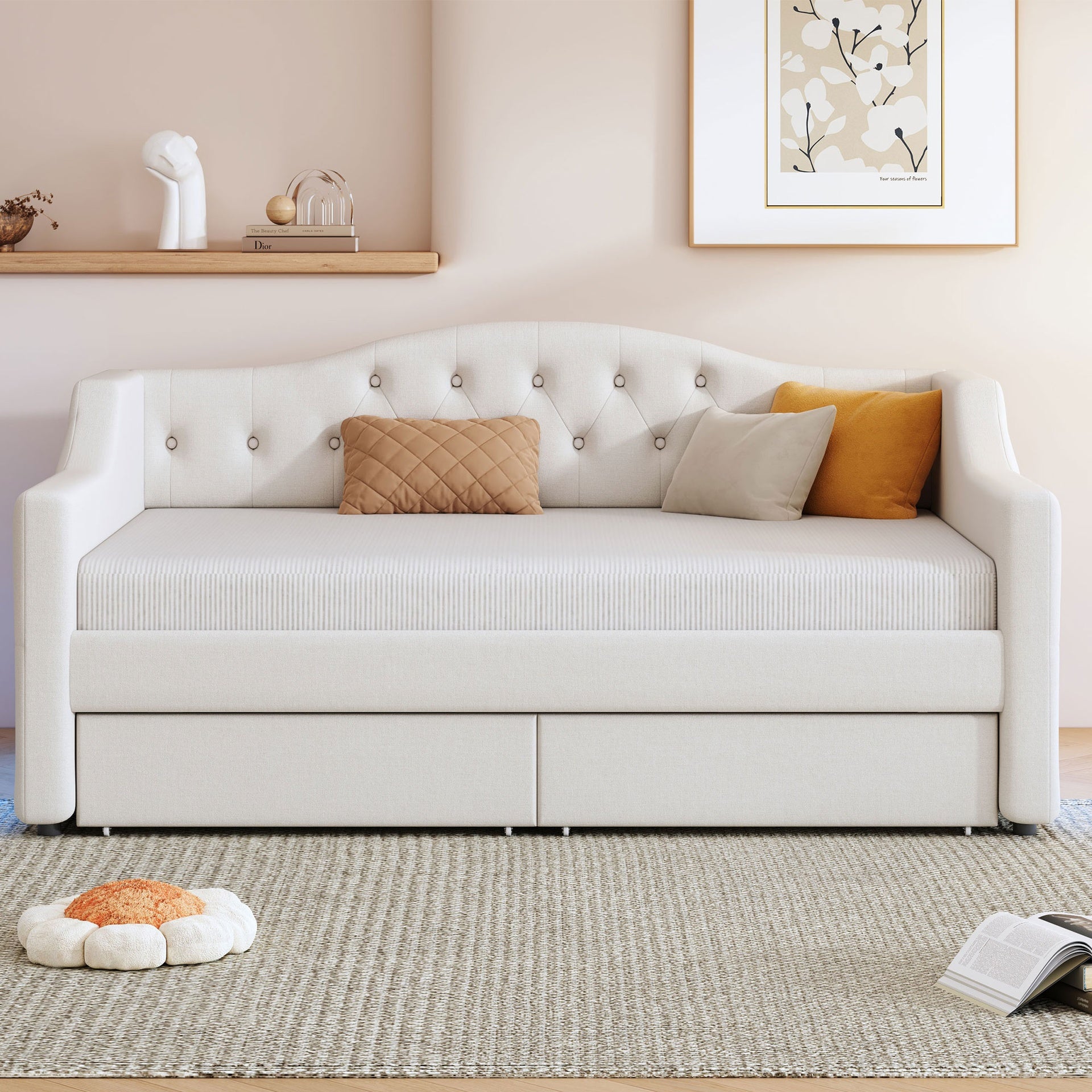 Upholstered Twin XL Size Daybed with LED Belt and 2 Drawers, Beige