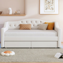 Upholstered Twin XL Size Daybed with LED Belt and 2 Drawers, Beige
