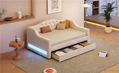 Upholstered Twin XL Size Daybed with LED Belt and 2 Drawers, Beige