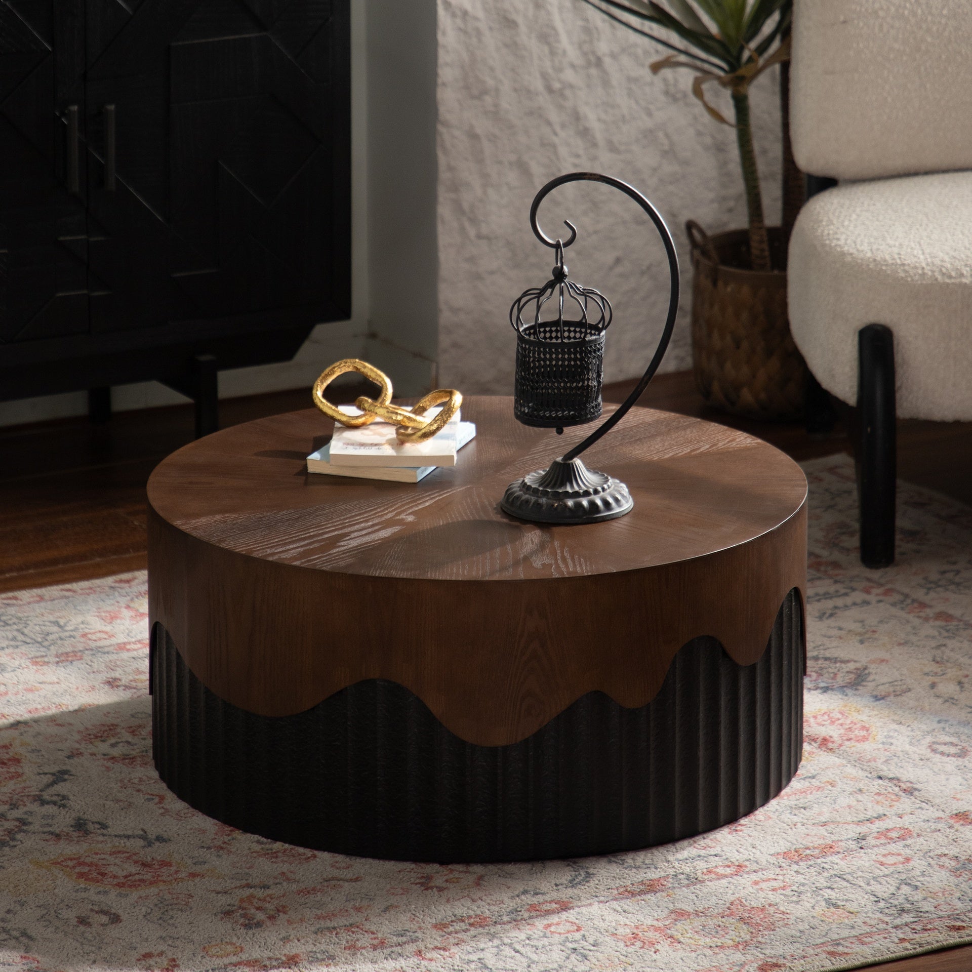 30.31" Round Coffee Table Handcrafted Relief Sturdy Pedestal Wooden Tea Table for Living Room no need to Assemble