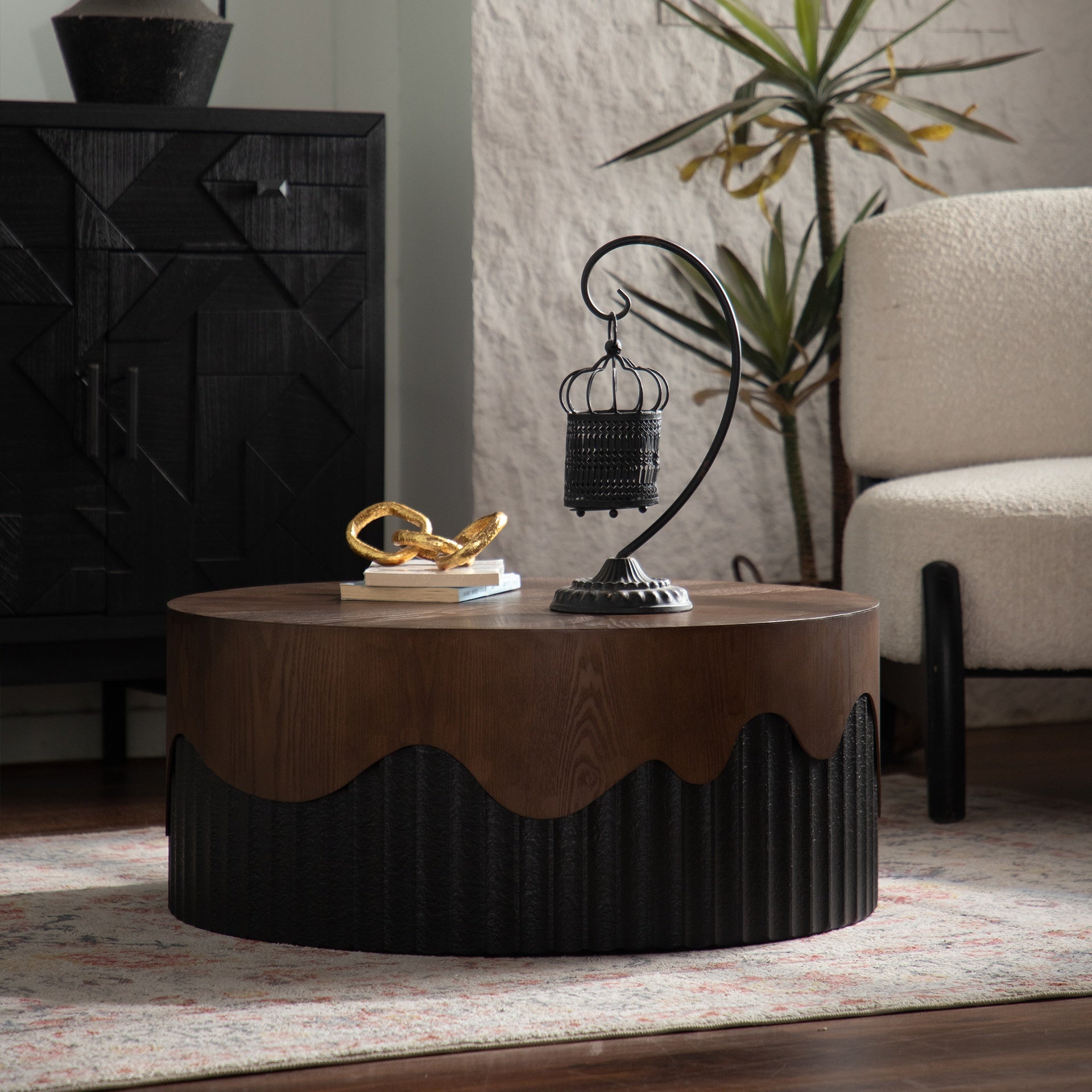 30.31" Round Coffee Table Handcrafted Relief Sturdy Pedestal Wooden Tea Table for Living Room no need to Assemble