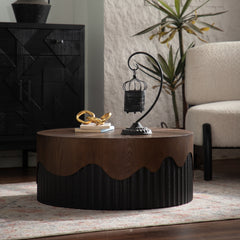 30.31" Round Coffee Table Handcrafted Relief Sturdy Pedestal Wooden Tea Table for Living Room no need to Assemble