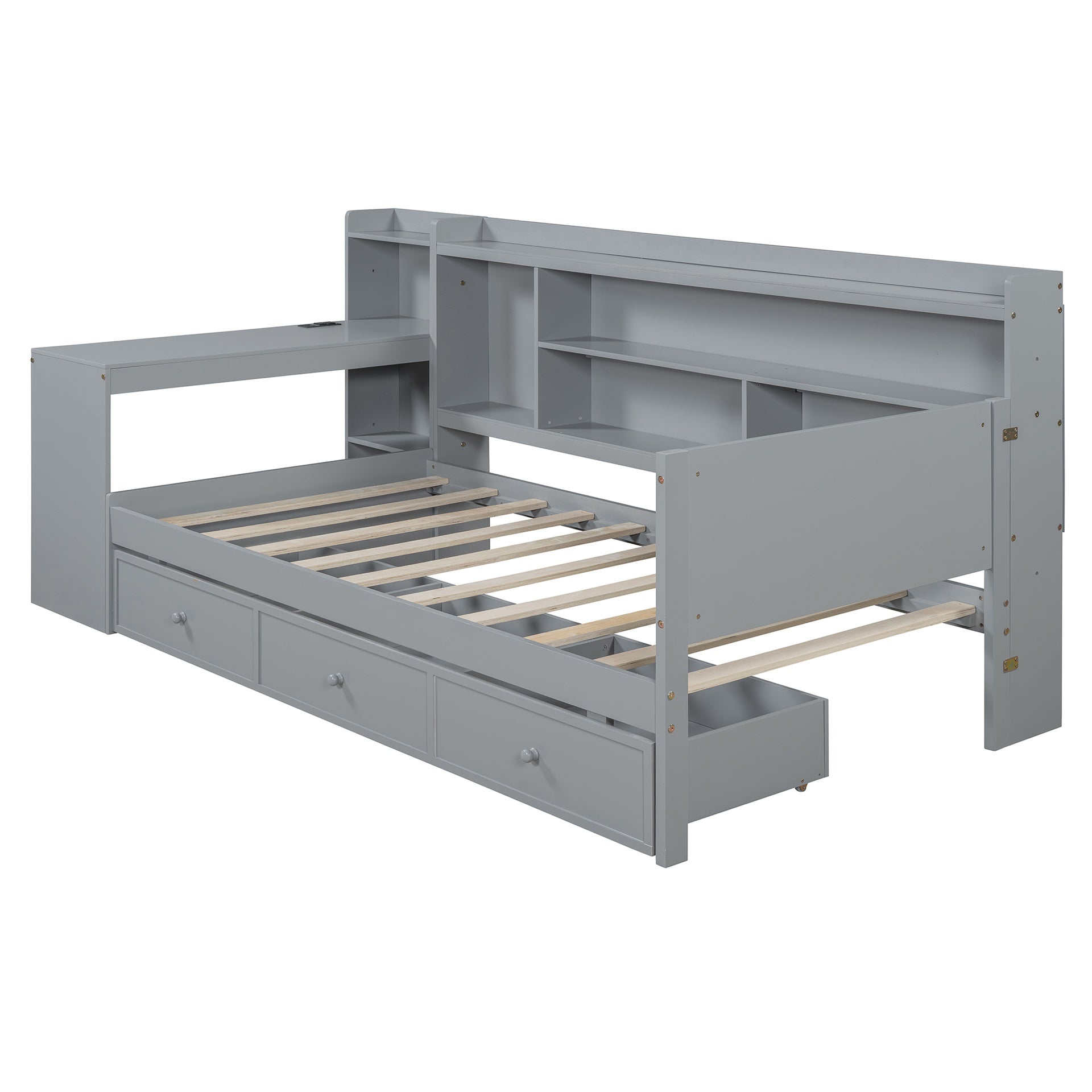 Twin Size Wooden Daybed With 3 Drawers, USB Ports and desk , Gray