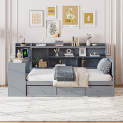 Twin Size Wooden Daybed With 3 Drawers, USB Ports and desk , Gray