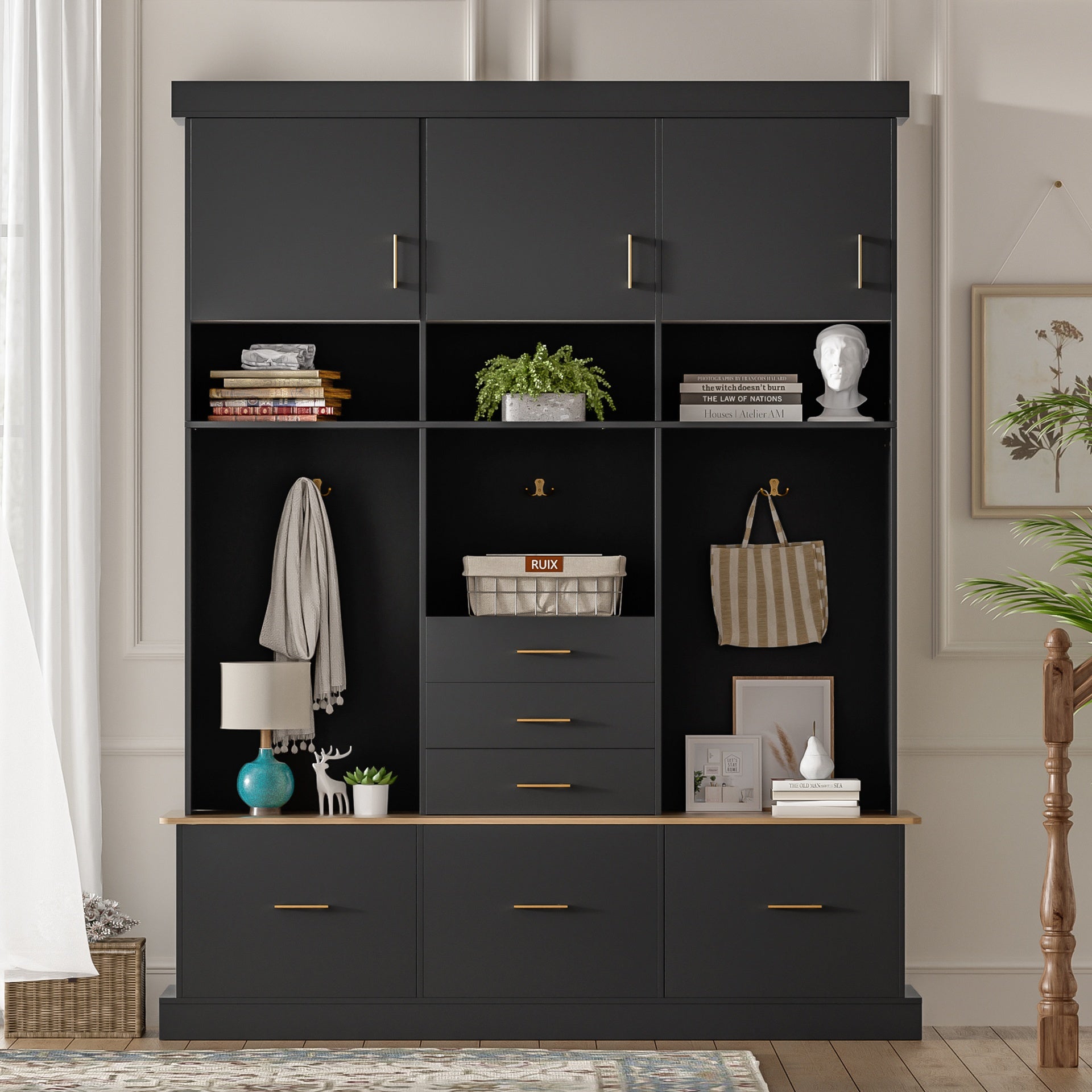 U-Can 75'' H Entryway Hall Tree with Bench and Storage, 5-in-1 Modern Hall Tree with Coat Rack, 6 Drawers, 3 Cabinets and 3-Tier Top Storage for Hallway, Entryway, Living Room, Mudroom