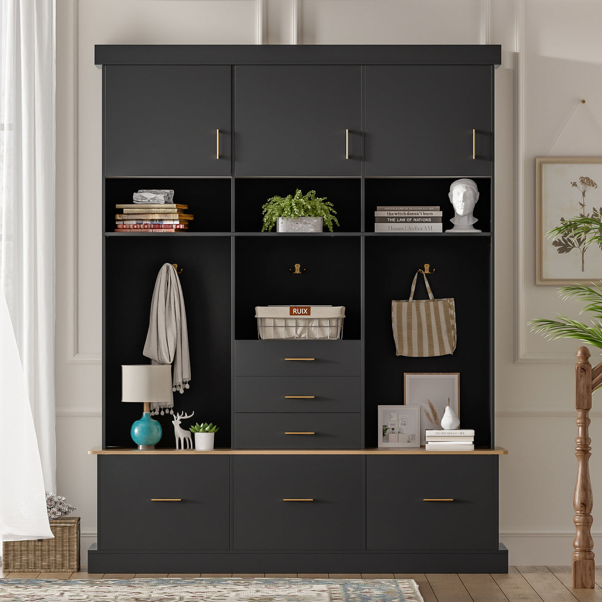 U-Can 75'' H Entryway Hall Tree with Bench and Storage, 5-in-1 Modern Hall Tree with Coat Rack, 6 Drawers, 3 Cabinets and 3-Tier Top Storage for Hallway, Entryway, Living Room, Mudroom
