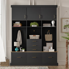 U-Can 75'' H Entryway Hall Tree with Bench and Storage, 5-in-1 Modern Hall Tree with Coat Rack, 6 Drawers, 3 Cabinets and 3-Tier Top Storage for Hallway, Entryway, Living Room, Mudroom