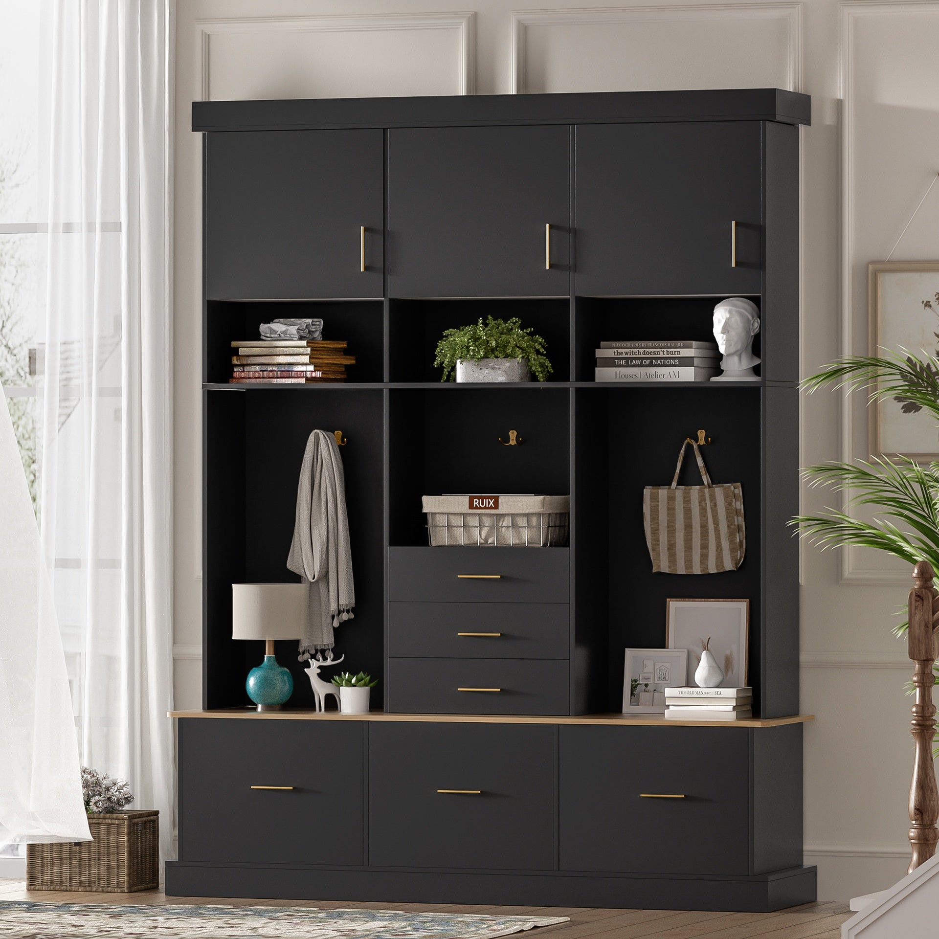 U-Can 75'' H Entryway Hall Tree with Bench and Storage, 5-in-1 Modern Hall Tree with Coat Rack, 6 Drawers, 3 Cabinets and 3-Tier Top Storage for Hallway, Entryway, Living Room, Mudroom
