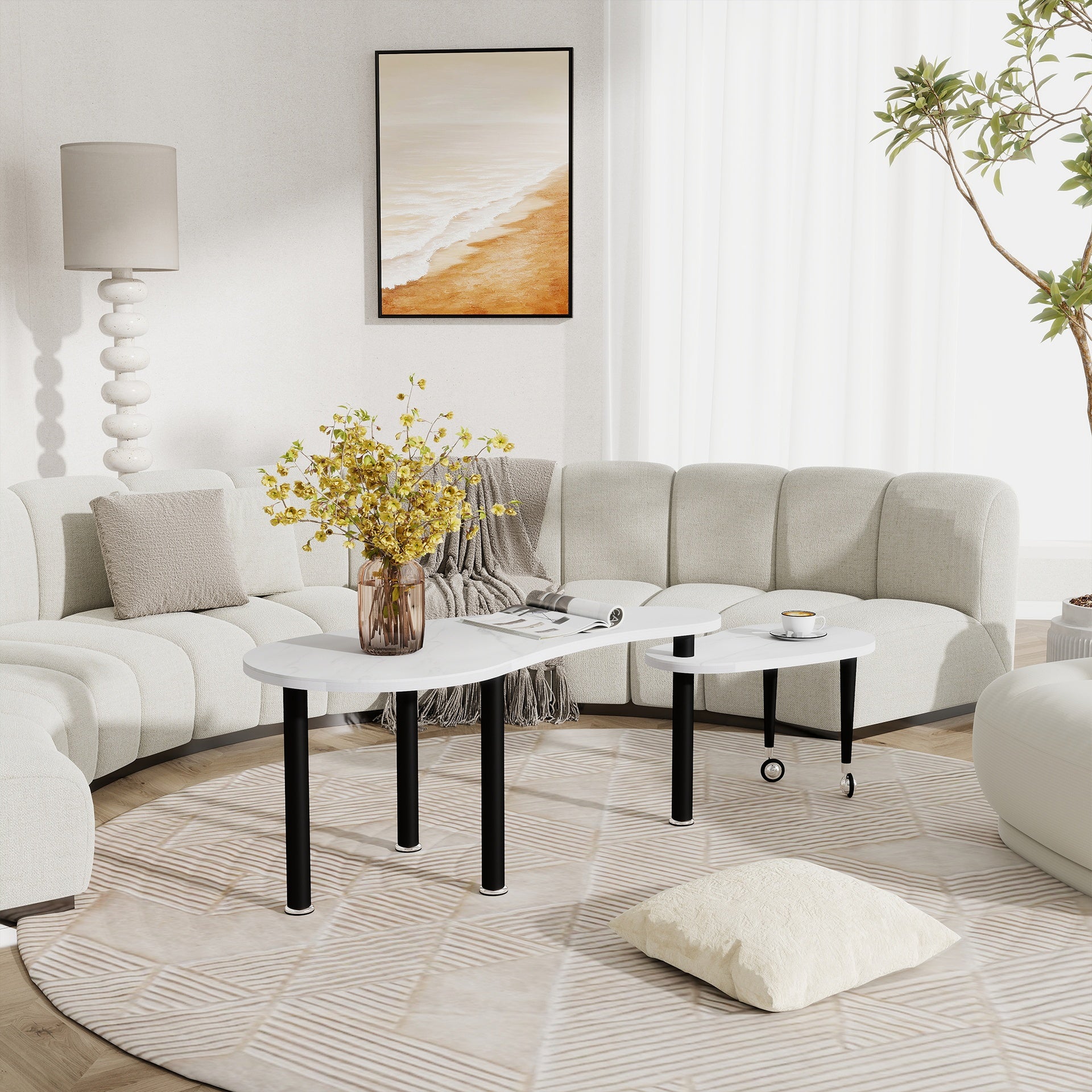 Contemporary rotatable cocktail table with solid rubber wood legs, 360 degree rotating coffee table with 6mm white sintered stone tabletop for living room, bedroom, Balcony, home office