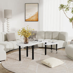 Contemporary rotatable cocktail table with solid rubber wood legs, 360 degree rotating coffee table with 6mm white sintered stone tabletop for living room, bedroom, Balcony, home office