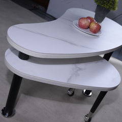 Contemporary rotatable cocktail table with solid rubber wood legs, 360 degree rotating coffee table with 6mm white sintered stone tabletop for living room, bedroom, Balcony, home office