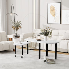Contemporary rotatable cocktail table with solid rubber wood legs, 360 degree rotating coffee table with 6mm white sintered stone tabletop for living room, bedroom, Balcony, home office