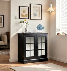 Storage sideboard cabinet with 2 decorative acrylic mirrored doors, adjustable shelf for dining room, living room, kitchen, metal handles, MDF with black 3D wood grain foil paper finish