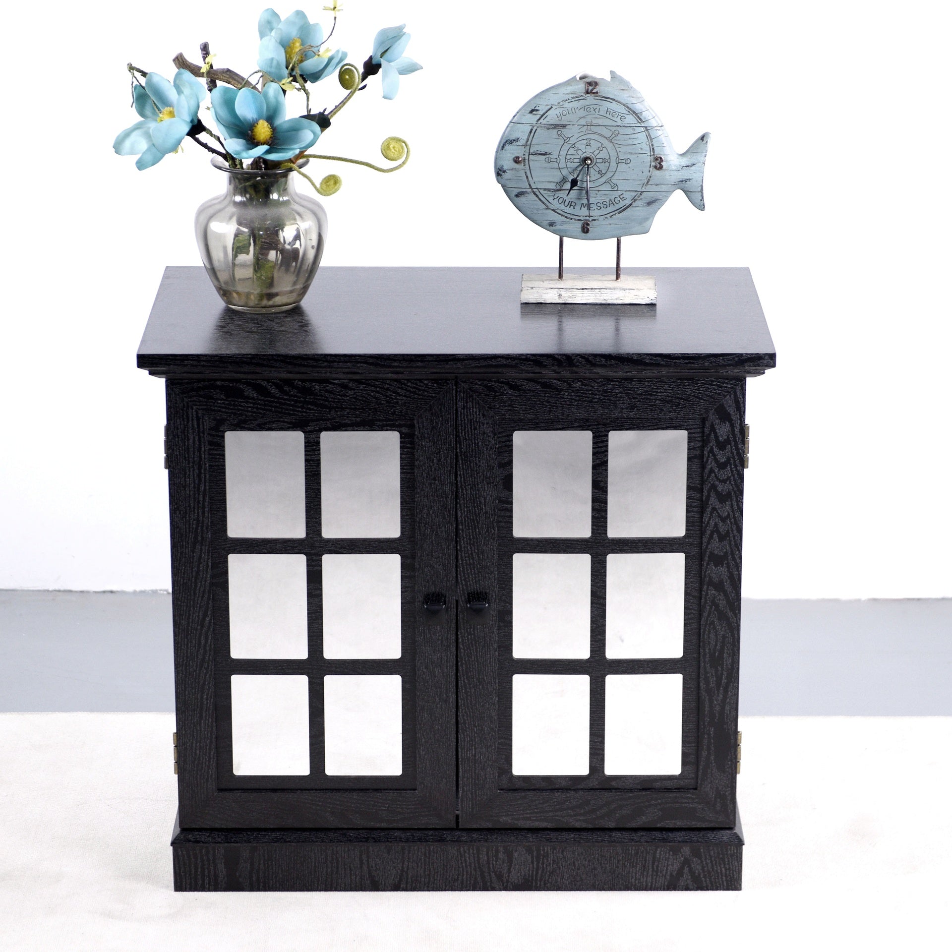 Storage sideboard cabinet with 2 decorative acrylic mirrored doors, adjustable shelf for dining room, living room, kitchen, metal handles, MDF with black 3D wood grain foil paper finish