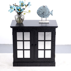 Storage sideboard cabinet with 2 decorative acrylic mirrored doors, adjustable shelf for dining room, living room, kitchen, metal handles, MDF with black 3D wood grain foil paper finish