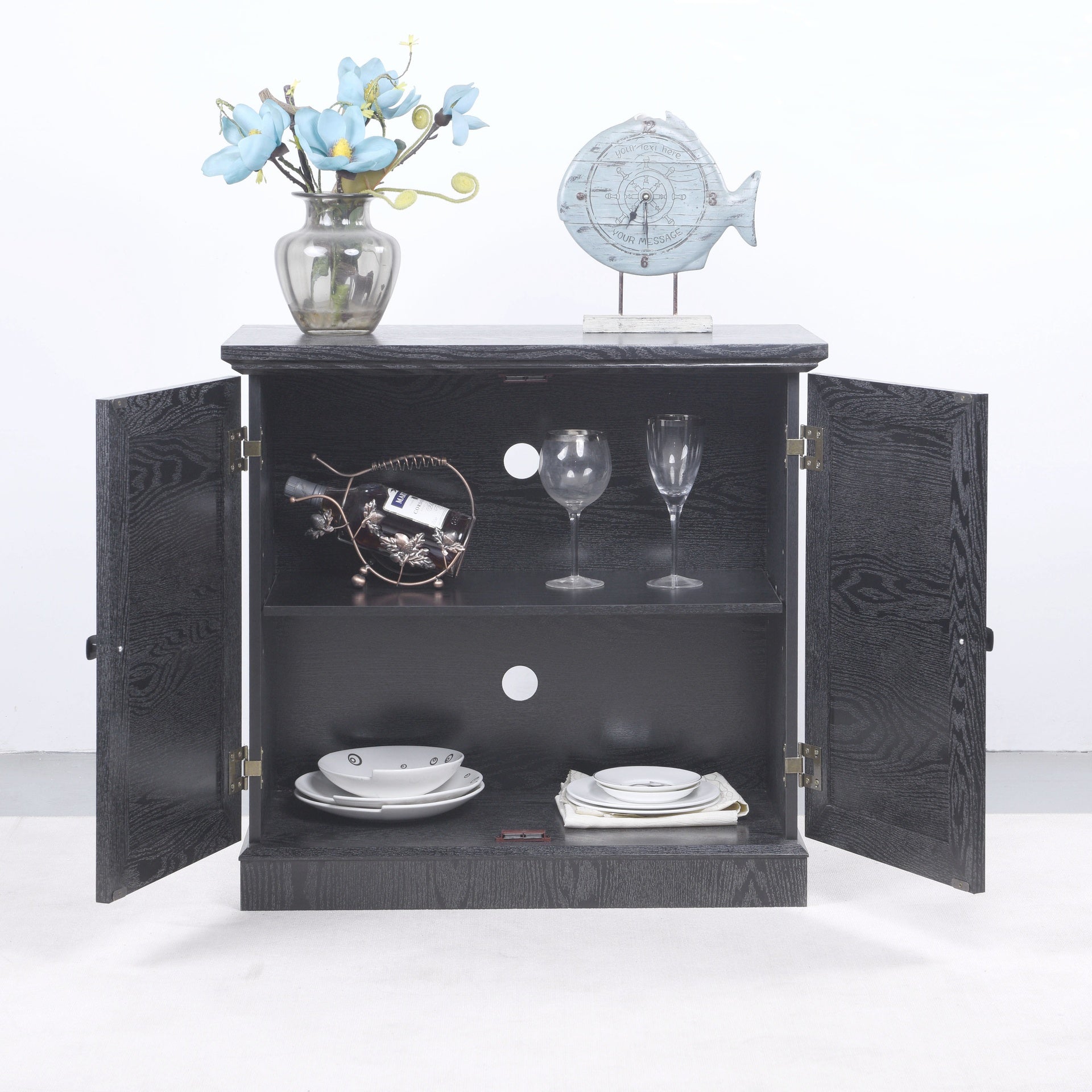 Storage sideboard cabinet with 2 decorative acrylic mirrored doors, adjustable shelf for dining room, living room, kitchen, metal handles, MDF with black 3D wood grain foil paper finish