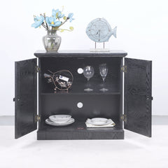 Storage sideboard cabinet with 2 decorative acrylic mirrored doors, adjustable shelf for dining room, living room, kitchen, metal handles, MDF with black 3D wood grain foil paper finish