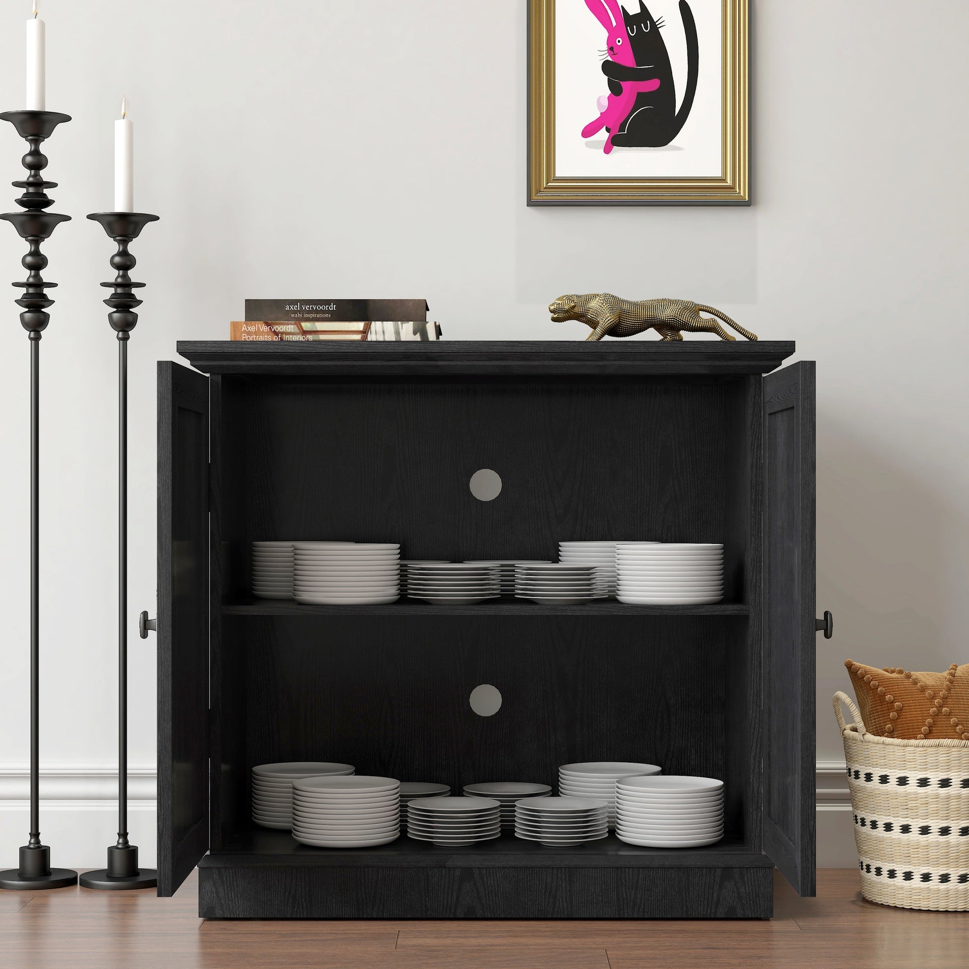 Storage sideboard cabinet with 2 decorative acrylic mirrored doors, adjustable shelf for dining room, living room, kitchen, metal handles, MDF with black 3D wood grain foil paper finish