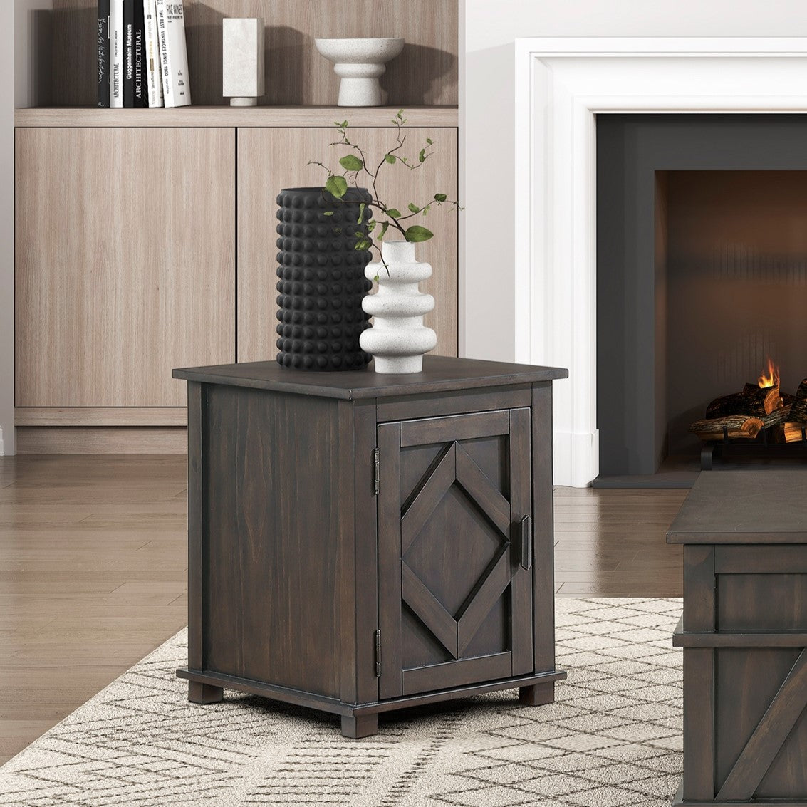 Traditional Rustic Chairside Table with Adjustable Storage Shelf Brown Finish Durable Wood Living Room Furniture 1pc