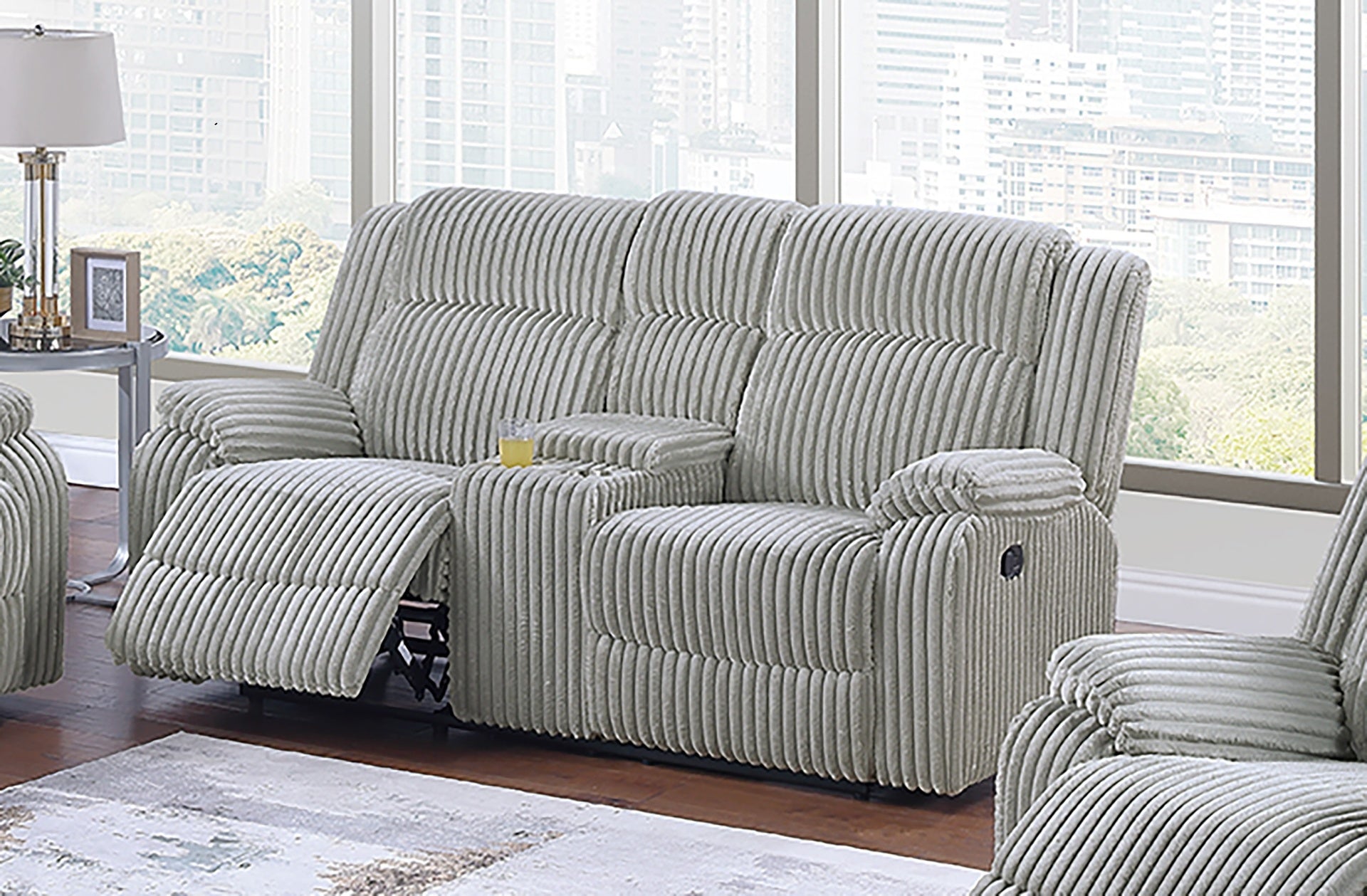 1pc Motion Loveseat Ash Color Fur Like Corduroy Living Room Reclining Couch Plush Textured Seat