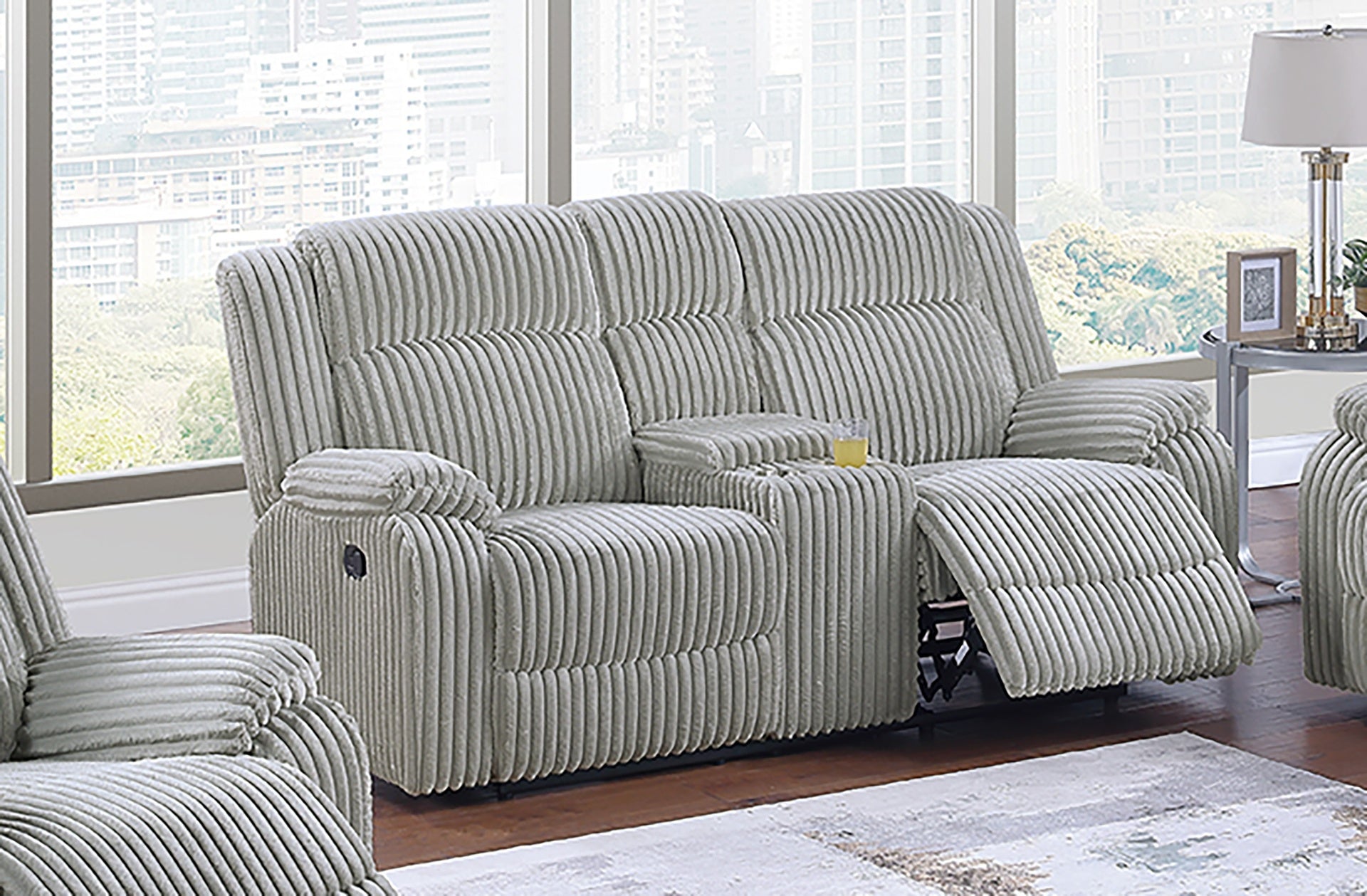 1pc Motion Loveseat Ash Color Fur Like Corduroy Living Room Reclining Couch Plush Textured Seat