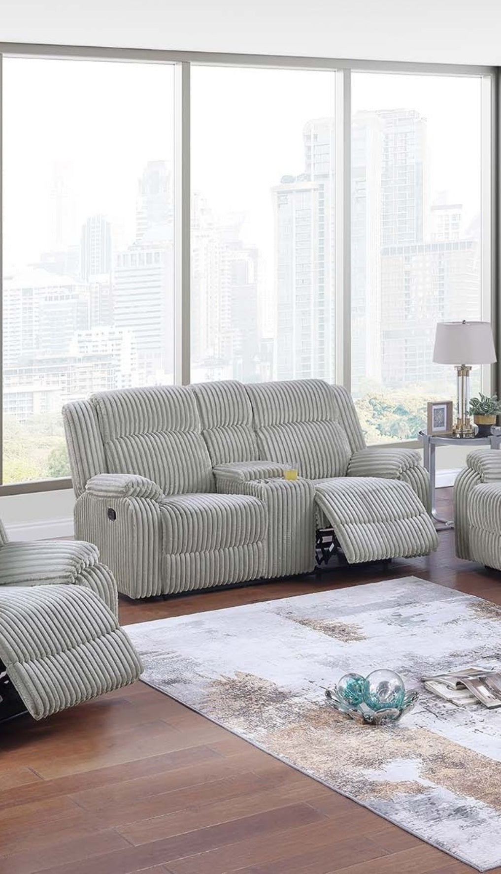 1pc Motion Loveseat Ash Color Fur Like Corduroy Living Room Reclining Couch Plush Textured Seat
