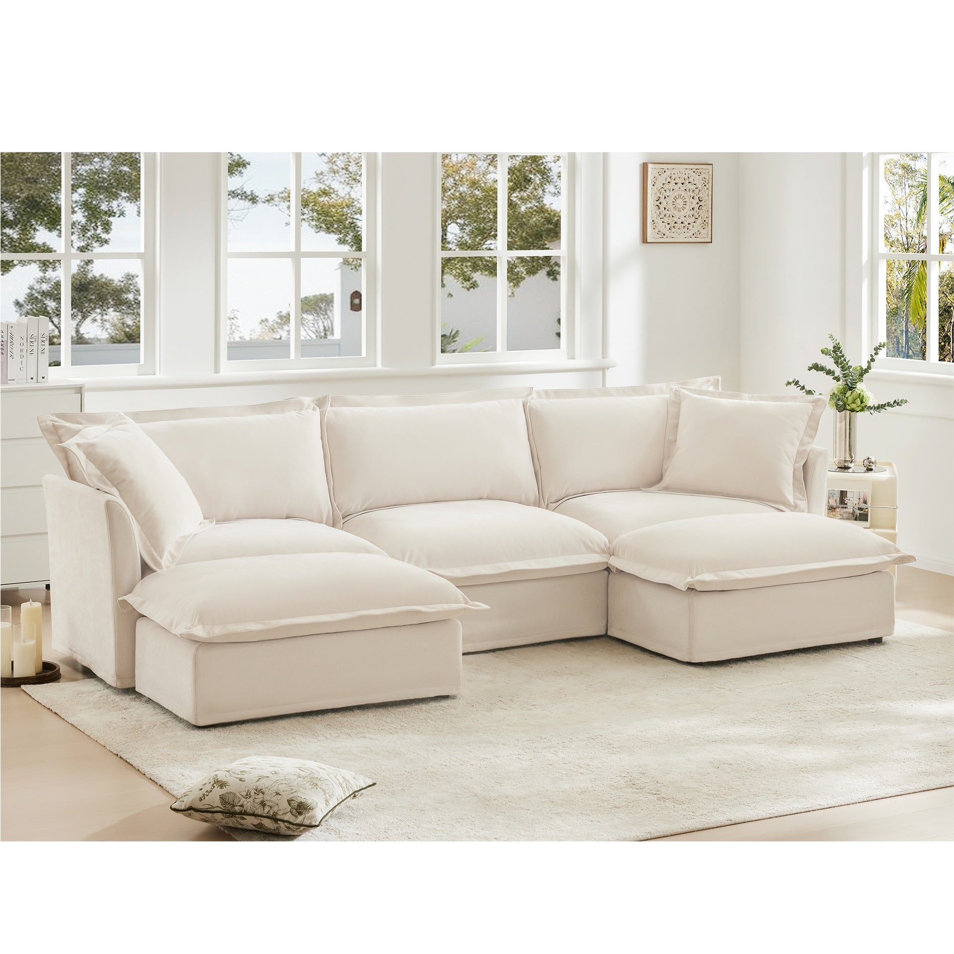 Slipcovered U Shape Sectional Deep Seat Sofa Couch, 3 Seater Sofa with French Edges Design Multiple Big Pillows, Modular Deep Seat Sectional Sofa Comfy Cloud Couch for Living Room, Apartment,Chenille