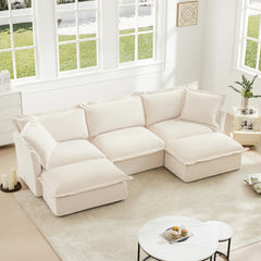 Slipcovered U Shape Sectional Deep Seat Sofa Couch, 3 Seater Sofa with French Edges Design Multiple Big Pillows, Modular Deep Seat Sectional Sofa Comfy Cloud Couch for Living Room, Apartment,Chenille