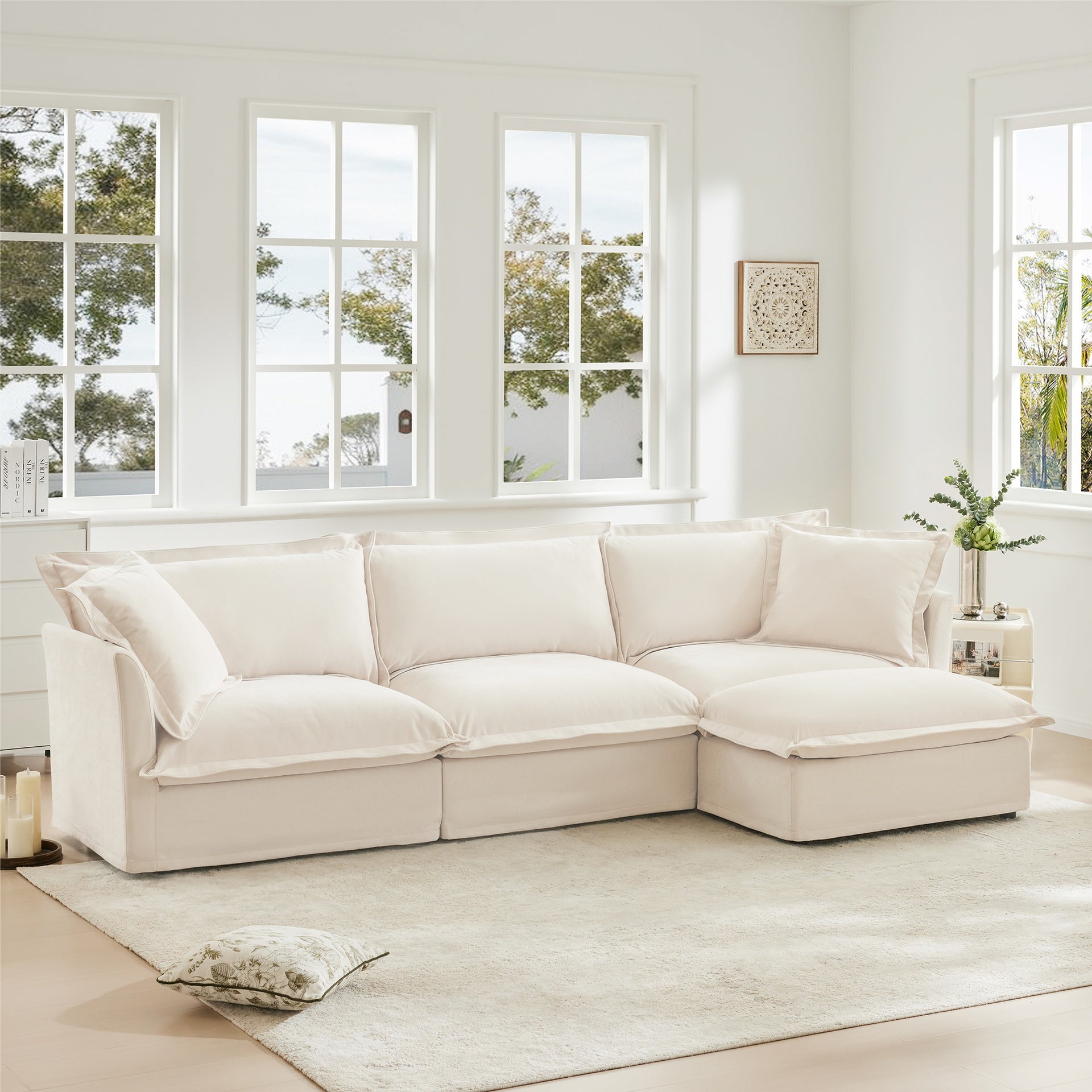 L-Shaped Slipcovered Sectional Sofa Couch, Comfy Chenille Deep Seat Cloud Couch with Convertible Ottoman & 2 Big Pillows, Modern Oversized 3 Seater Slipcovered Sofa Set for Living Room Office, Cream