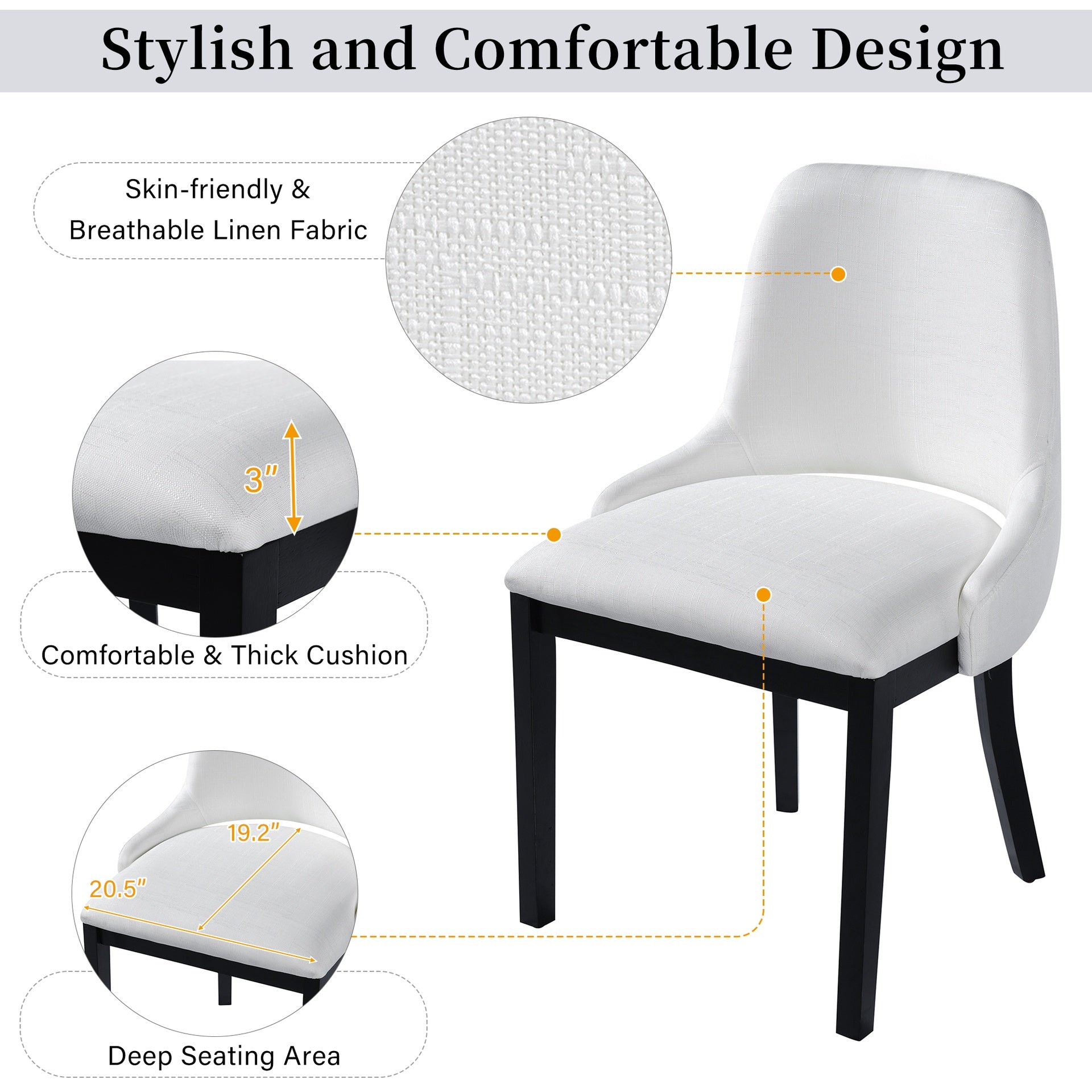 Wooden Dining Chairs Set of 2, Linen Upholstered Accent Kitchen Chair Dining Room Chairs, Farmhouse Style Dining Chair for  Living Room/Dining Room, Black