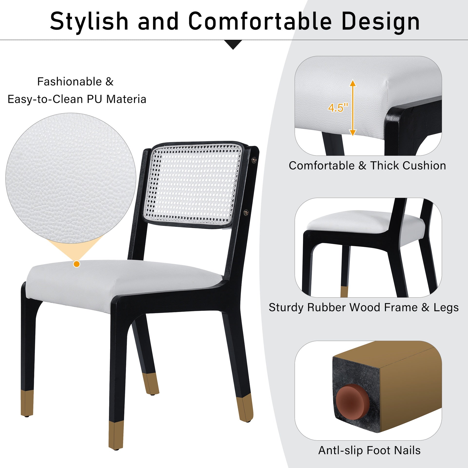 Wood Dining Chairs Set of 2, Modern Farmhouse Accent Chairs with Solid Wood Legs and Padded Seat, Modern PU Leather Kitchen & Dining Chairs Side Chairs for Dining Room, Black