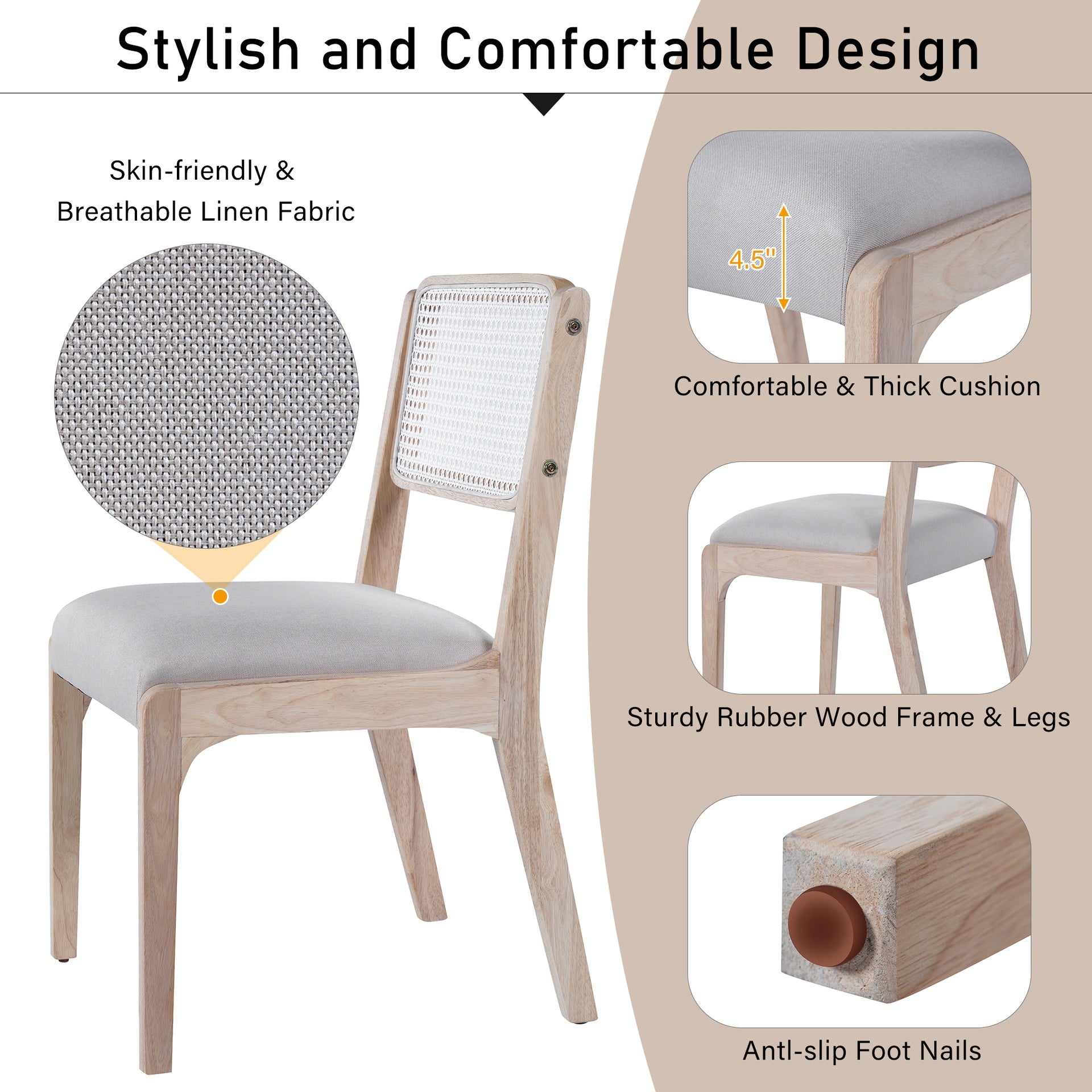 Wood Dining Chairs Set of 2, Modern Farmhouse Accent Chairs with Solid Wood Legs and Padded Seat, Modern Linen Kitchen & Dining Chairs Side Chairs for Dining Room, Beige