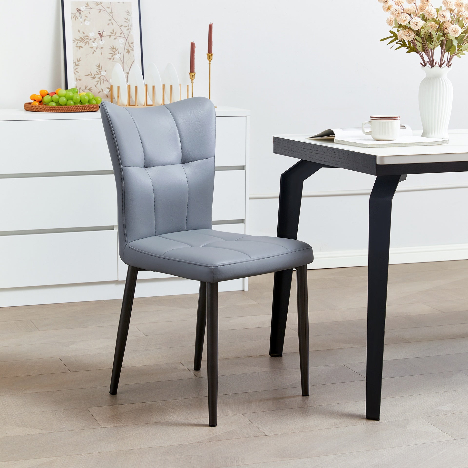 Set of 2 High-Back Dining Chairs with Ergonomic Design: Wrought Iron Frame, Leather Seat, and High-Rebound Sponge Cushions