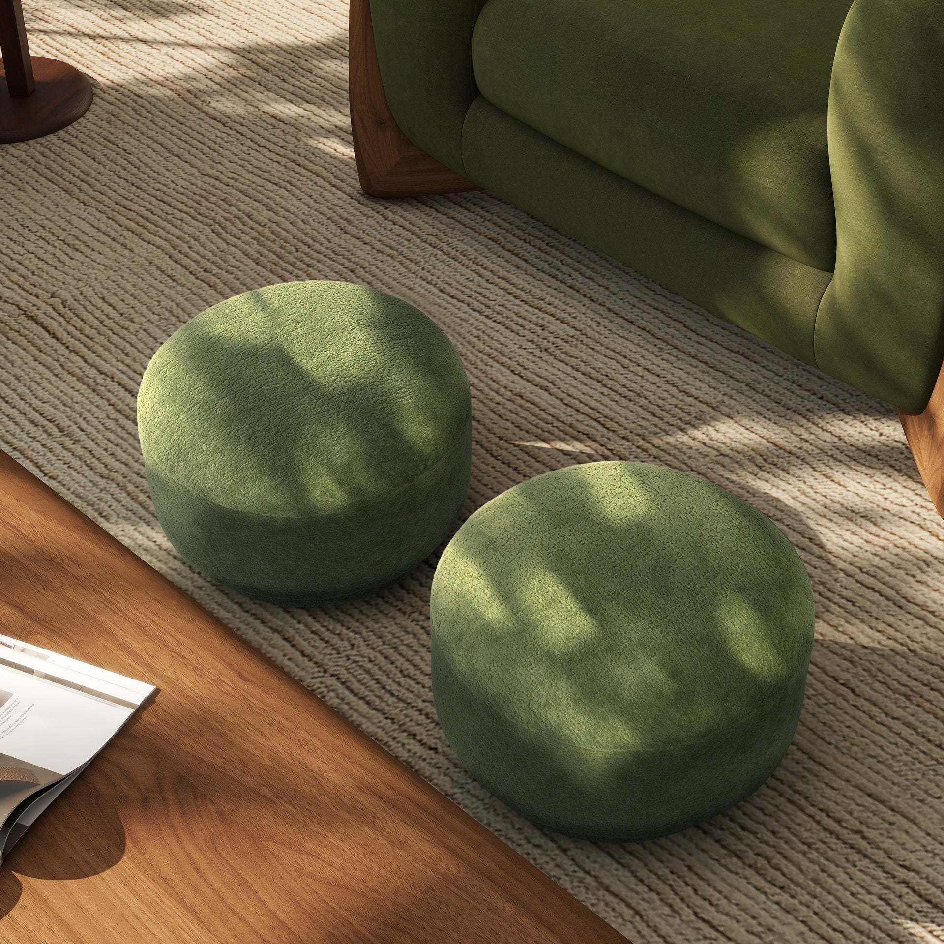 Fuji 15" Mushroom Footstool Ottoman, Moss Green Fleeced Teddy