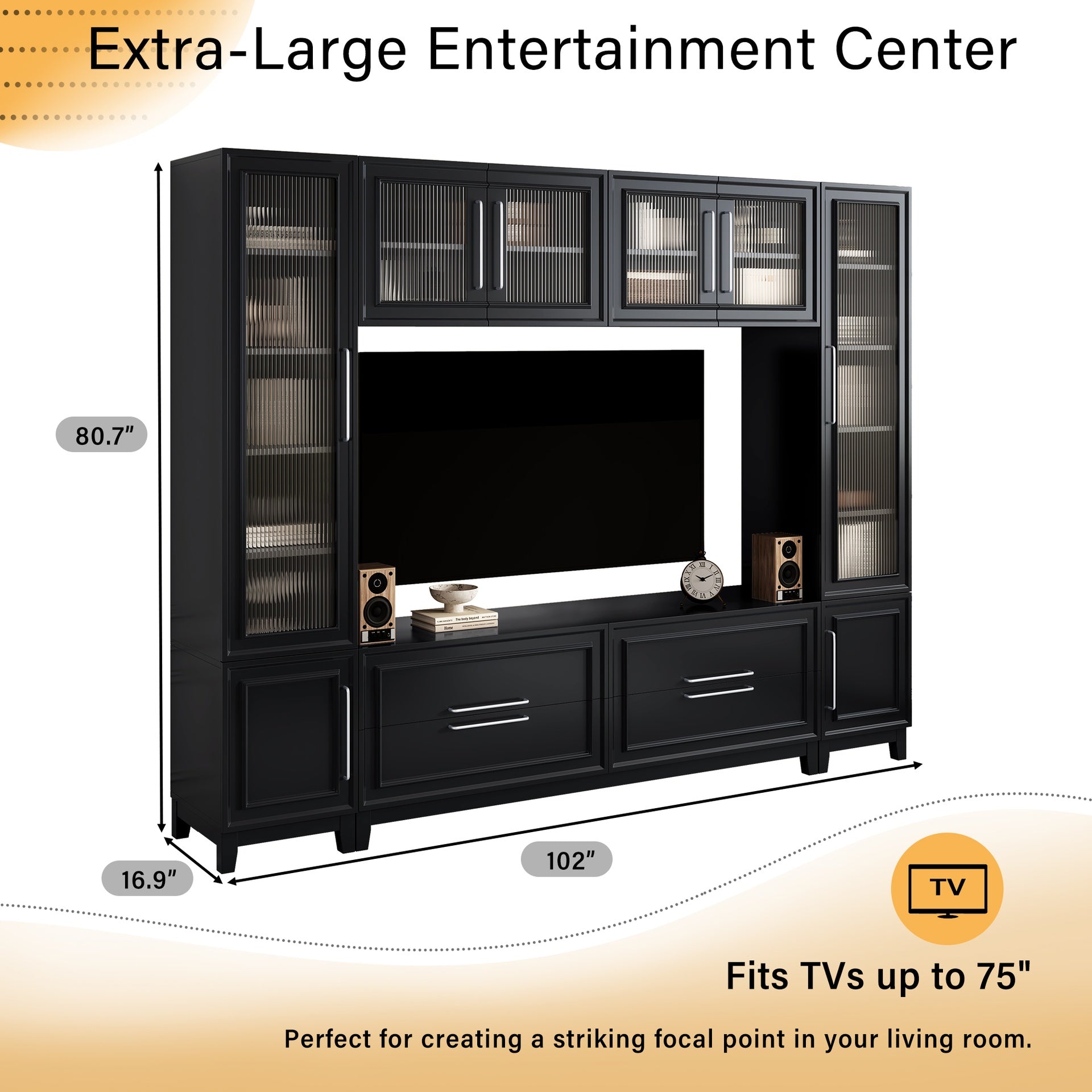 VIBE HAUS 102" W Wall Unit Modern Entertainment Center with Glass Doors for TVs up to 75", Large Minimalist TV Stand Media Console with Drawers for Living Room