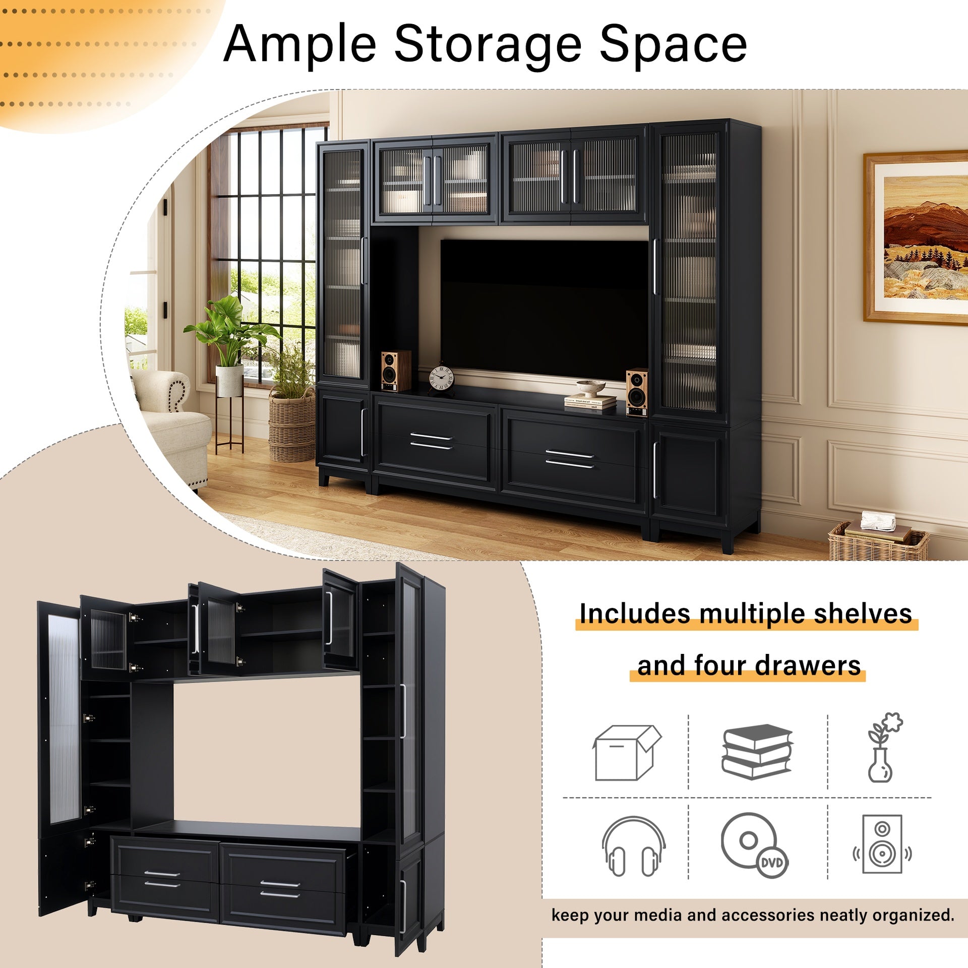 VIBE HAUS 102" W Wall Unit Modern Entertainment Center with Glass Doors for TVs up to 75", Large Minimalist TV Stand Media Console with Drawers for Living Room