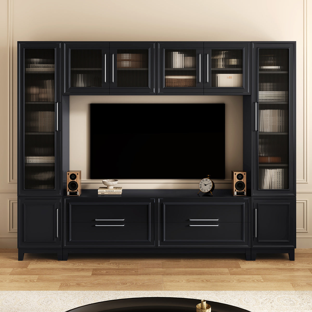 VIBE HAUS 102" W Wall Unit Modern Entertainment Center with Glass Doors for TVs up to 75", Large Minimalist TV Stand Media Console with Drawers for Living Room