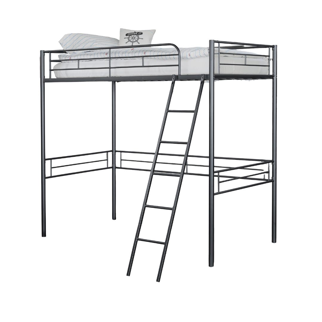 Twin Loft Bed Contemporary Style With Open Area Underneath Metal Structure, Black