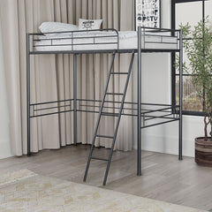 Twin Loft Bed Contemporary Style With Open Area Underneath Metal Structure, Black