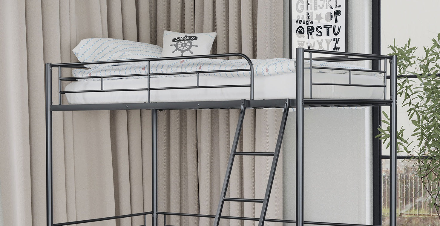 Twin Loft Bed Contemporary Style With Open Area Underneath Metal Structure, Black