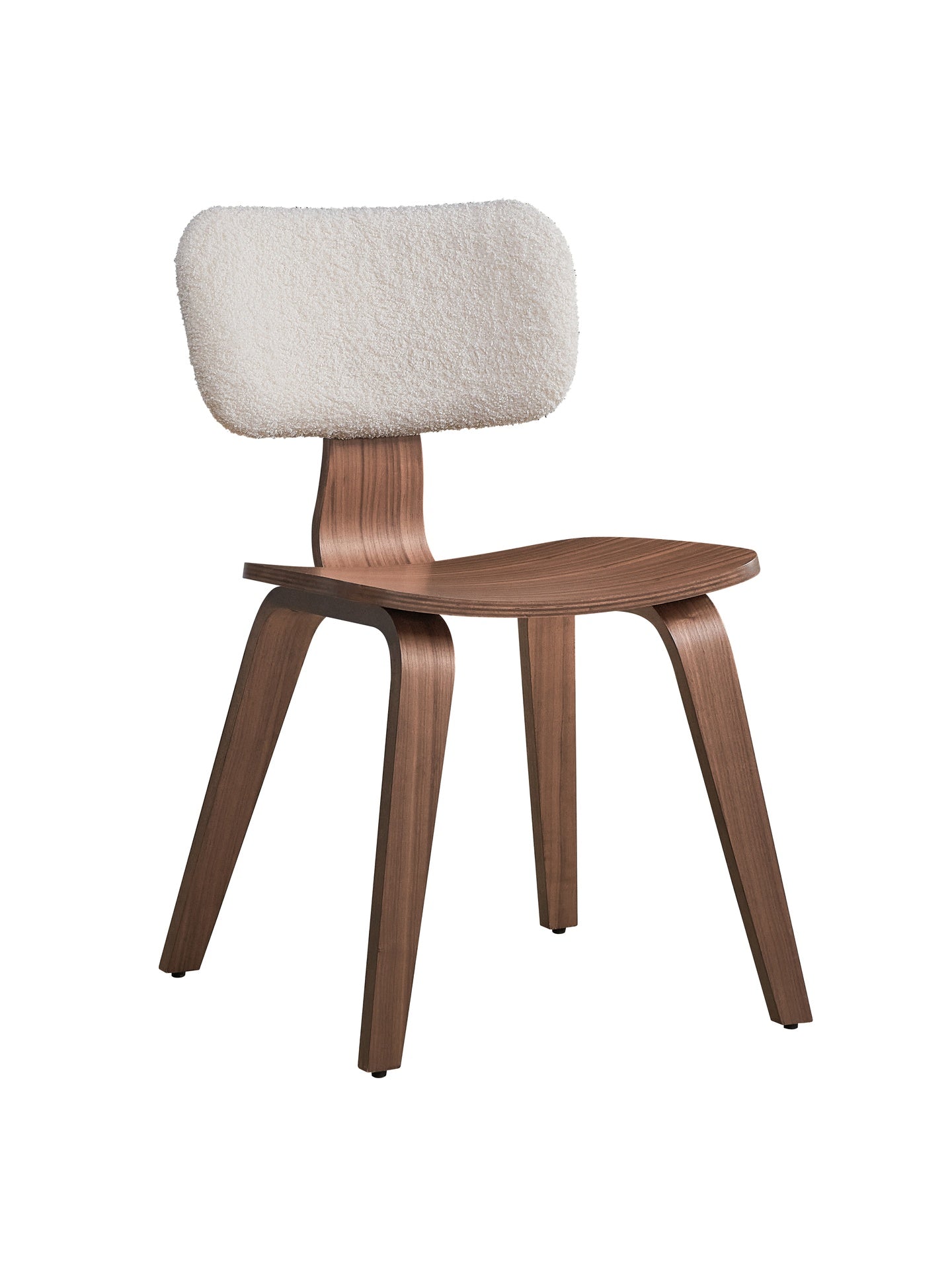 Walnut Finish Side Chairs Set of 2 White Boucle Padded Curved Backrest Ergonomic Design Solid Wood Dining Furniture