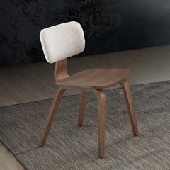 Walnut Finish Side Chairs Set of 2 White Boucle Padded Curved Backrest Ergonomic Design Solid Wood Dining Furniture