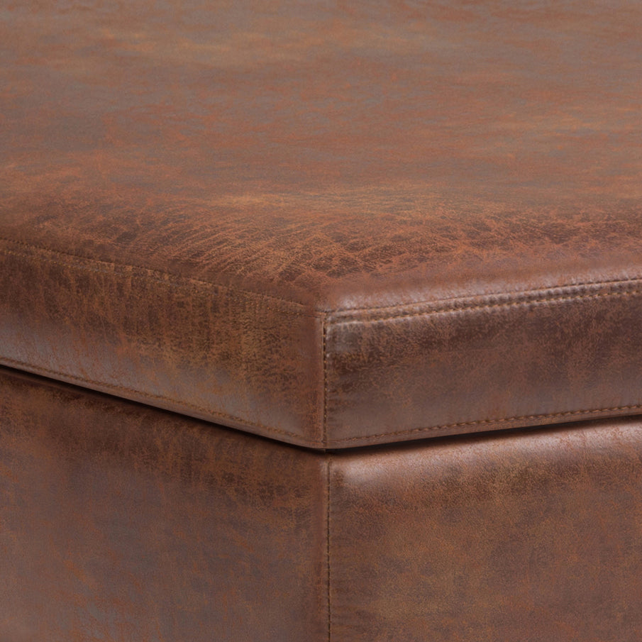 Owen 40 inch Wide XL Square Coffee Table Storage Ottoman in Distressed Saddle Brown Vegan Leather