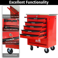 6 Drawers Multifunctional Tool Cart with Wheels,Metal Rolling Tool Cart Storage for Garage Workshop Warehouse Repair Shop--With Stainless Steel Roof- Red&Black